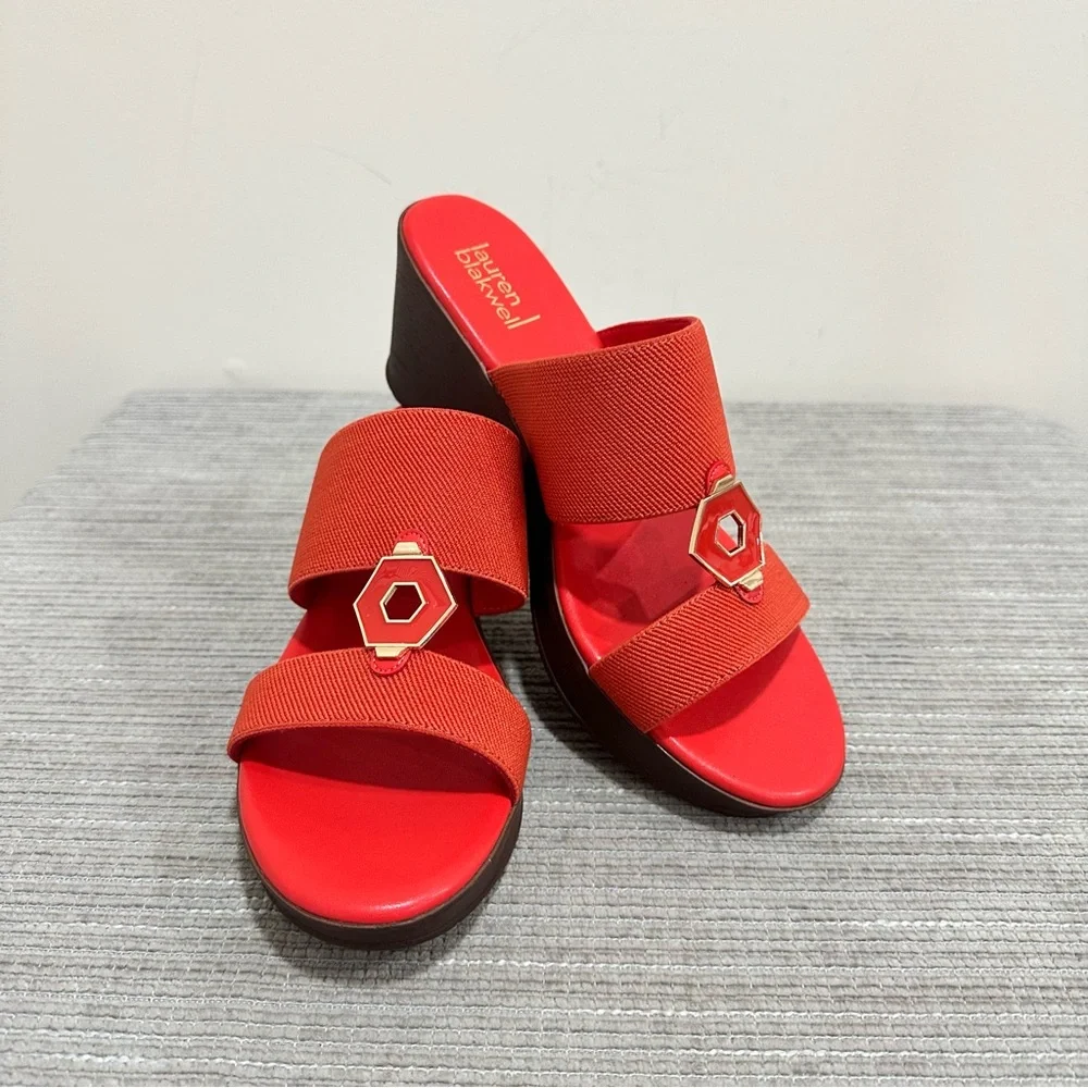Lauren Blakwell Women's Coral Red Stretch Wedge Sandals - Size 10‎ NWOT